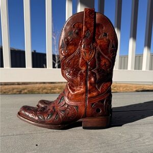 Corral Floral Tooled Leather Western Boots Women’s Size 7 Handmade